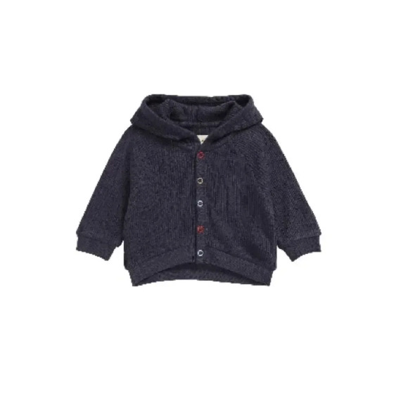 Open Edit Thermal Knit Snap Up Cotton Hoodie in Navy Charcoal NEW Infant - Picture 2 of 7
